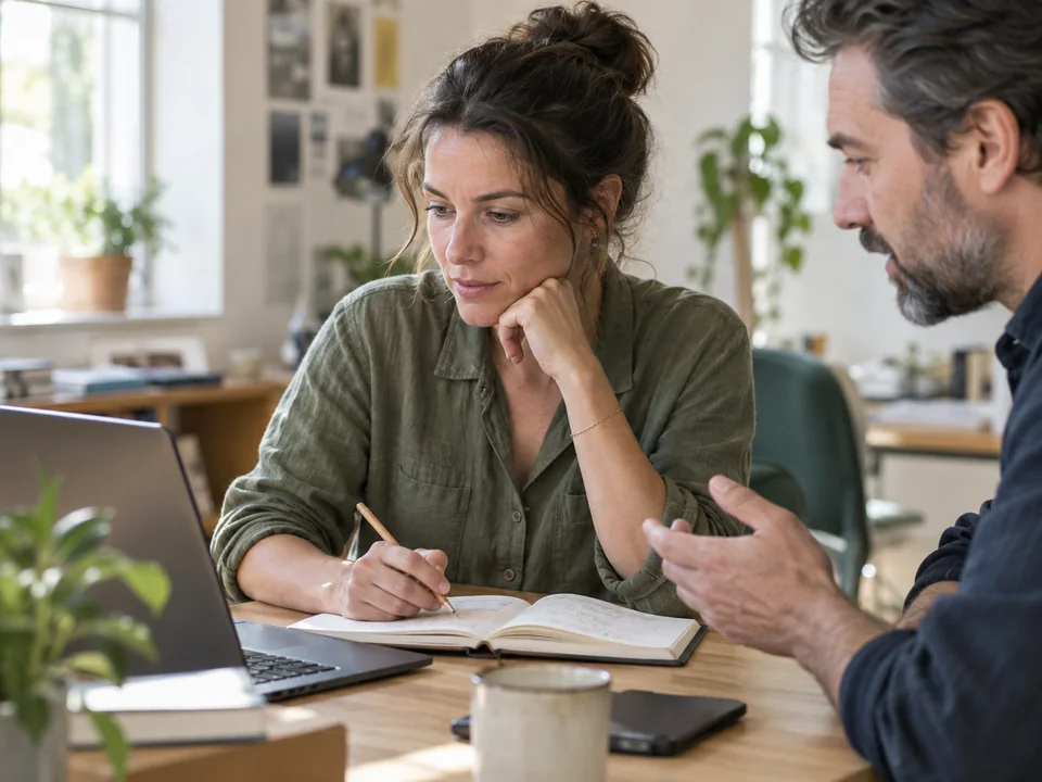 Une professionnelle prend des notes pendant un échange de formation