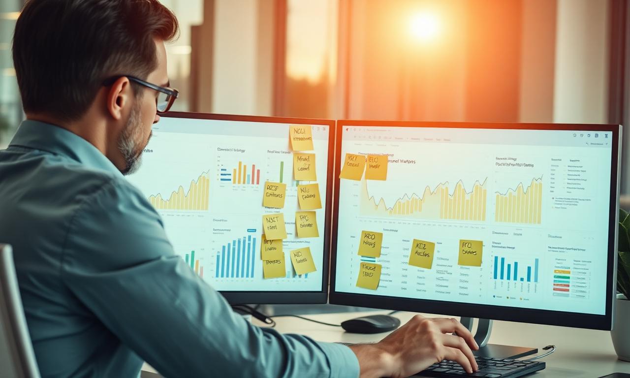 Un professionnel travaille sur des tableaux de suivi marketing à son bureau