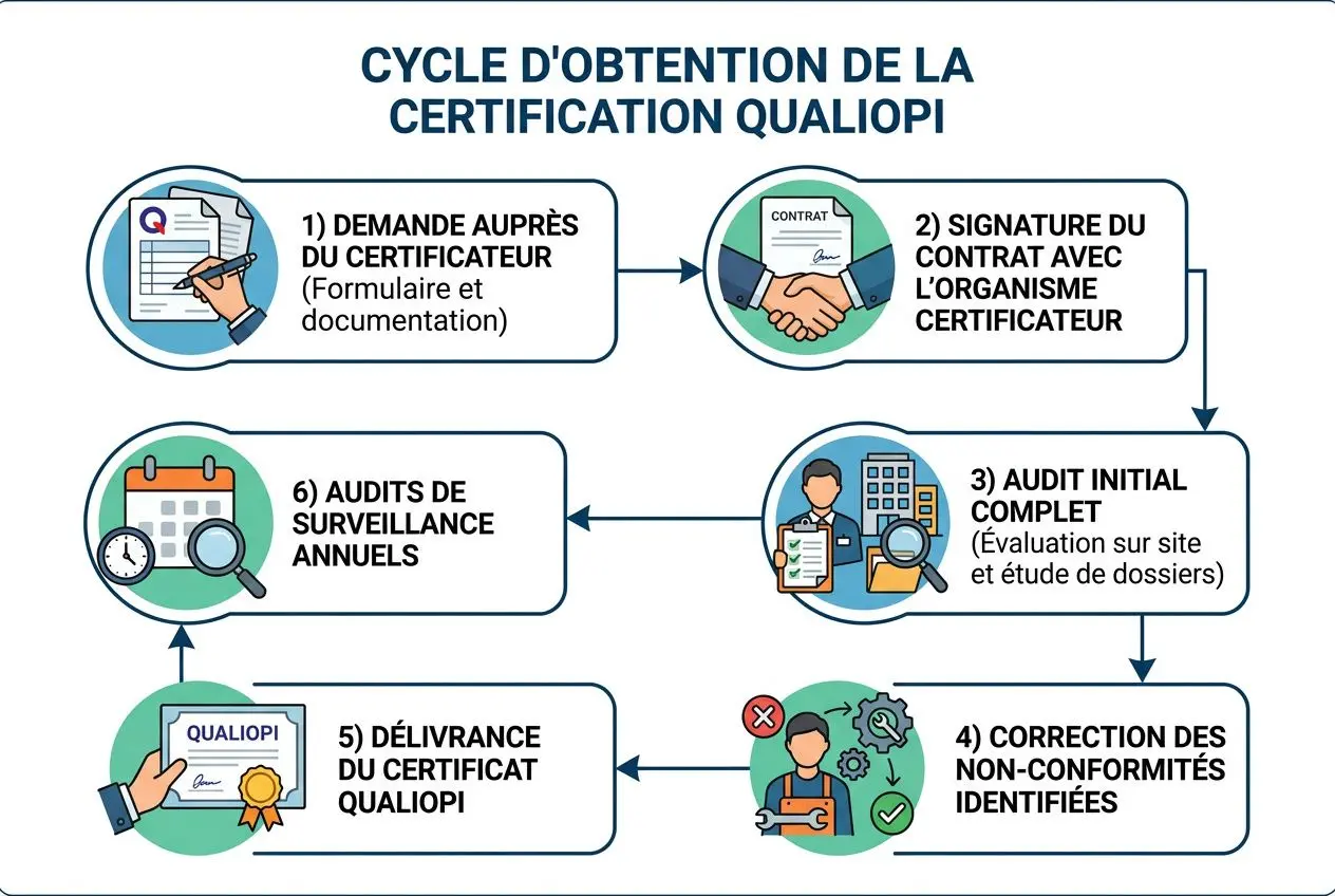 Cycle d’obtention de la certification Qualiopi : illustration des étapes clés pour un organisme de formation