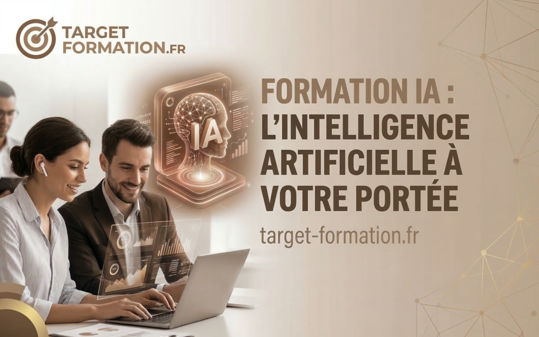 Deux professionnels souriants travaillent sur un ordinateur portable, avec des lunettes et des écouteurs, autour d’un symbole IA et d’éléments graphiques futuristes. Qualiopi organisme de formation n’est pas explicitement visible mais reste lié à la thématique.