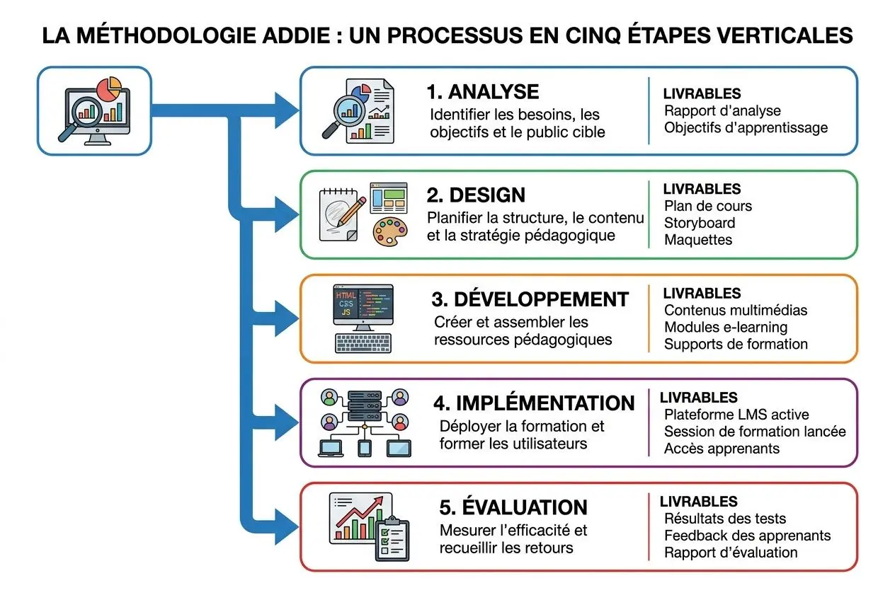Diagramme sur la méthodologie ADDIE en cinq étapes verticales: Analyse, Design, Développement, Implémentation et Évaluation, avec objectifs et livrables illustrés.