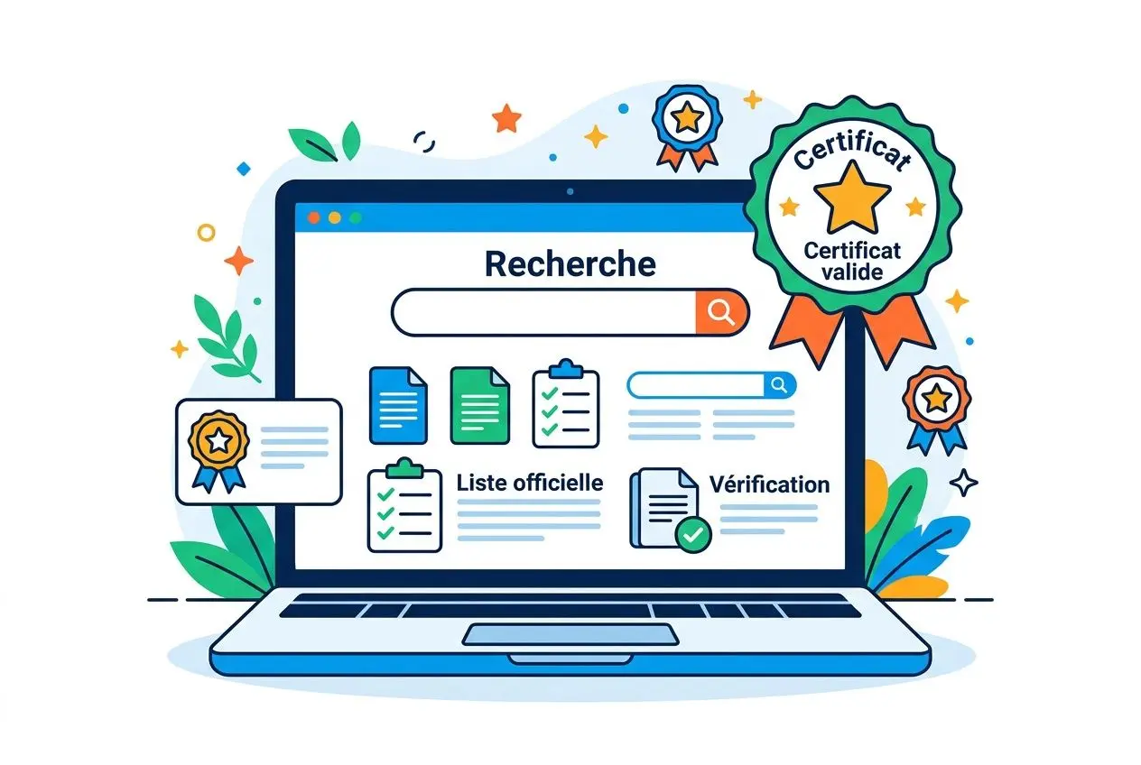 Recherche sur ordinateur montrant des documents et certificats liés à la qualification, avec un badge “Certificat valide” et référence à "qualiopi organisme de formation"