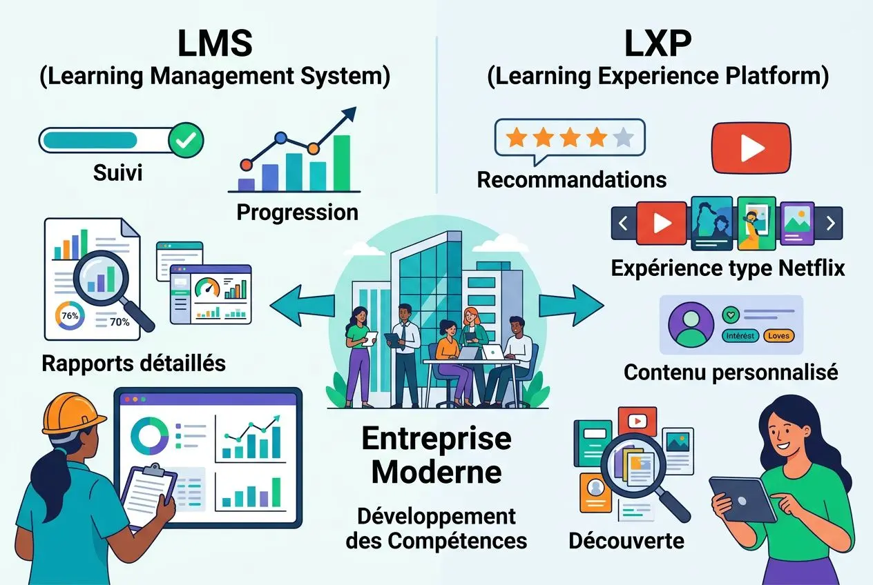 Tableau illustrant un LMS et une LXP pour le développement des compétences en Entreprise Moderne, axé sur le suivi, les rapports détaillés, les recommandations et contenu personnalisé. comment construire un plan de formation digital pour ses équipes en 2026 ?