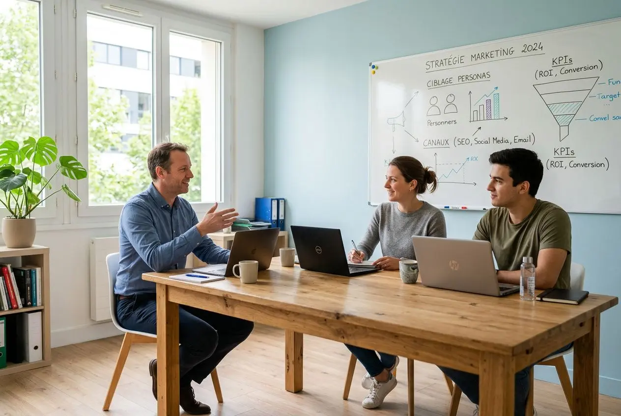 Trois personnes discutent autour d’une grande table en réunion, avec des ordinateurs portables et un tableau Blanc illustrant des graphiques et stratégies marketing. texte descriptif lié à la formation digitale et à la planification en 2026 pour une équipe. comment construire un plan de formation digital pour ses équipes en 2026 ?
