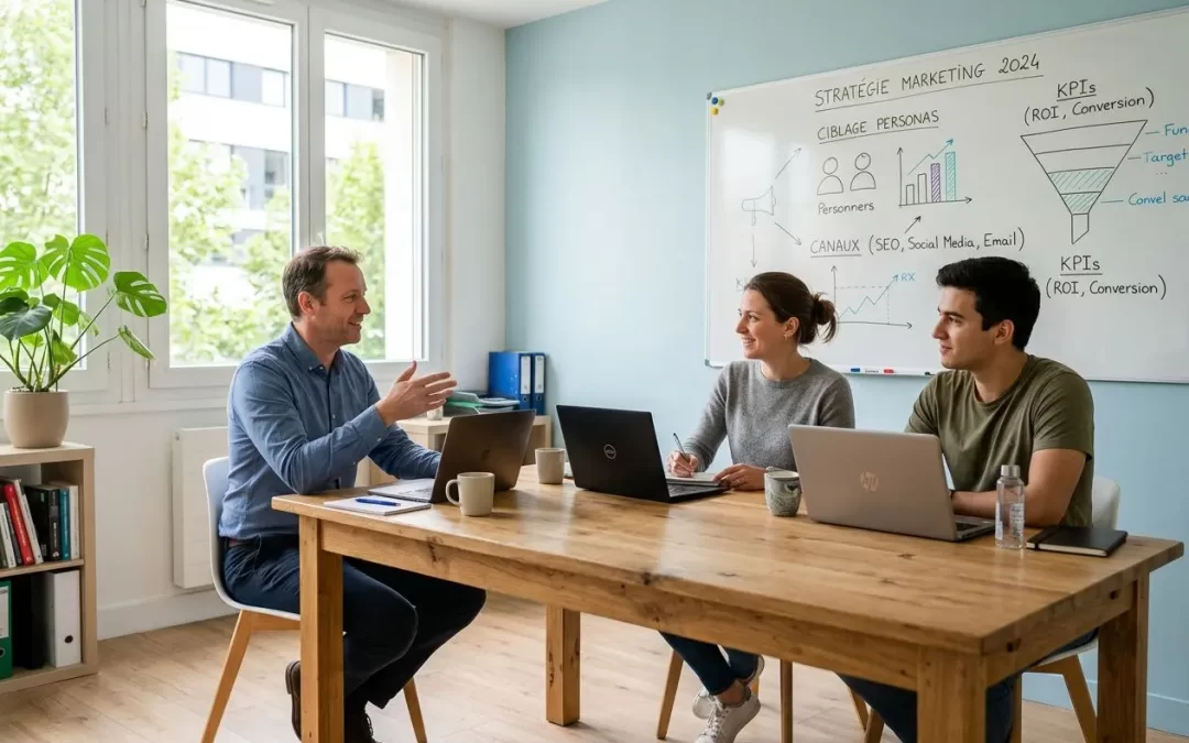 Trois professionnels discutent autour d’une table en bois dans une salle lumineuse, avec ordinateurs et tableau blanc présentant une stratégie marketing 2024. formation digitale en entreprise